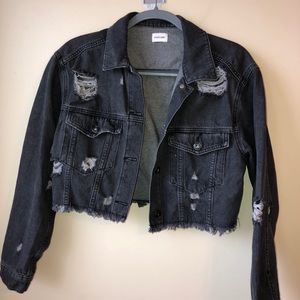 Sneak peak black distressed cropped denim jacket